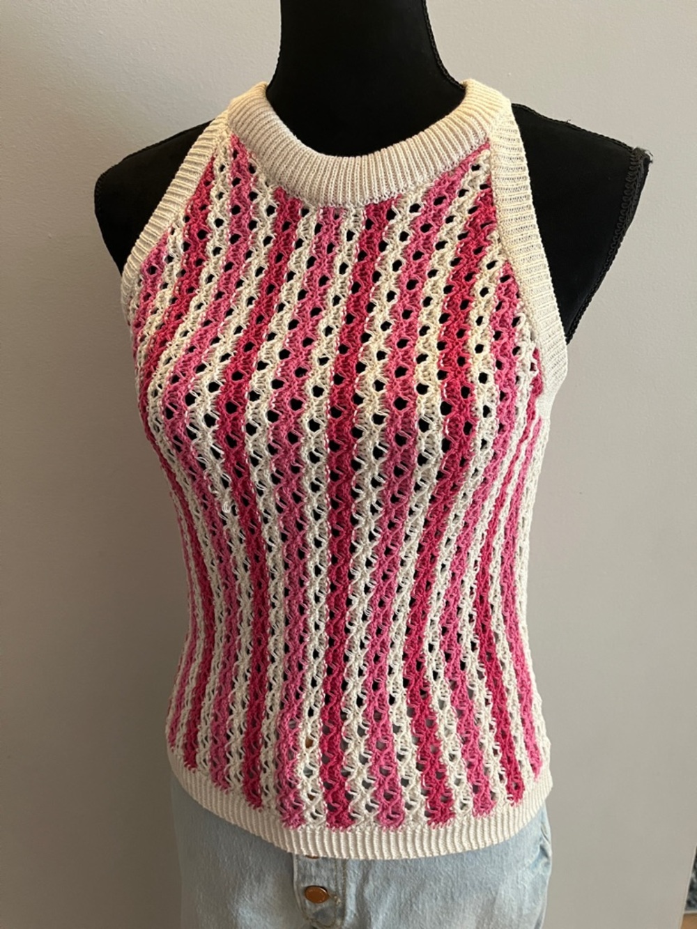Naf Naf pink crochet tank top, size S, high neck